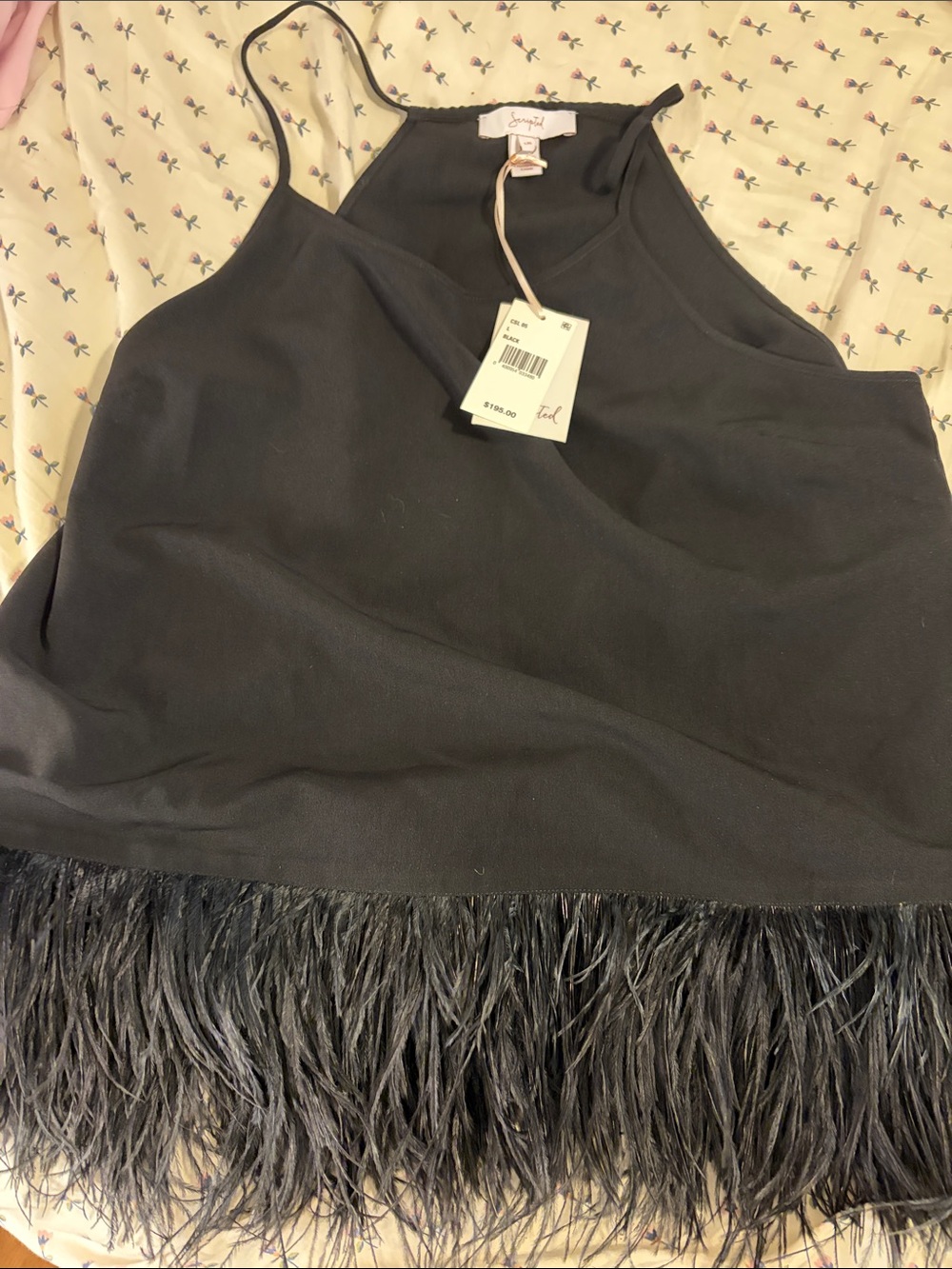 NWT Scripted Black Feather-Trim Top